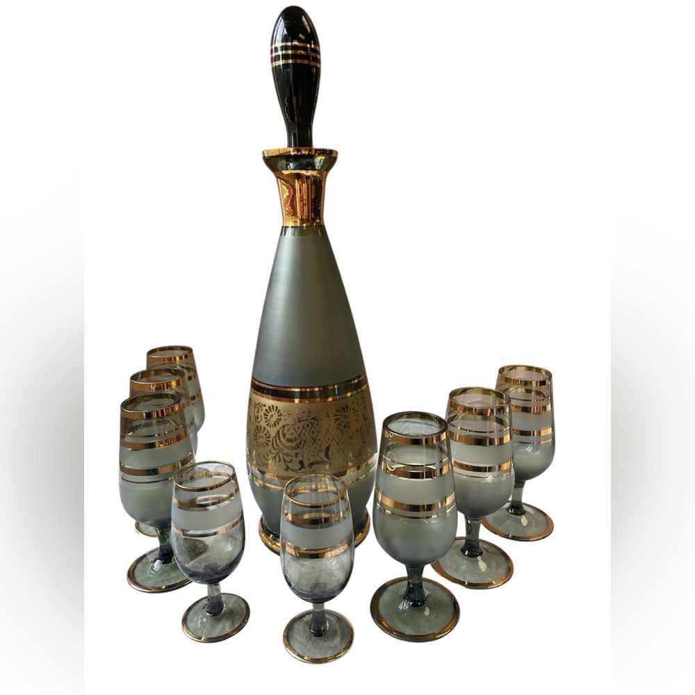 Vintage MCM Bohemian Glass Gold and Smokey Grey Decanter Set